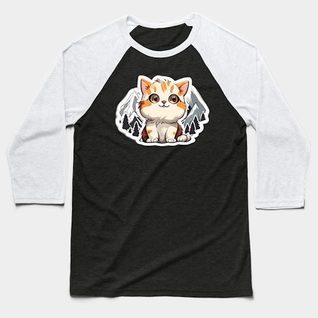 Orange Funny Cat Mountain Baseball T-Shirt by Charlie Dion